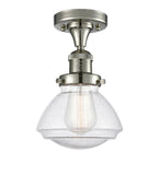 517-1CH-PN-G324 1-Light 6.75" Polished Nickel Semi-Flush Mount - Seedy Olean Glass - LED Bulb - Dimmensions: 6.75 x 6.75 x 9.25 - Sloped Ceiling Compatible: No