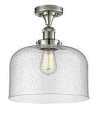 517-1CH-PN-G74-L 1-Light 12" Polished Nickel Semi-Flush Mount - Seedy X-Large Bell Glass - LED Bulb - Dimmensions: 12 x 12 x 12 - Sloped Ceiling Compatible: No