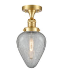517-1CH-SG-G165 1-Light 7" Satin Gold Semi-Flush Mount - Clear Crackle Geneseo Glass - LED Bulb - Dimmensions: 7 x 7 x 13.5 - Sloped Ceiling Compatible: No