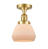 517-1CH-SG-G171 1-Light 6.75" Satin Gold Semi-Flush Mount - Matte White Cased Fulton Glass - LED Bulb - Dimmensions: 6.75 x 6.75 x 10.5 - Sloped Ceiling Compatible: No