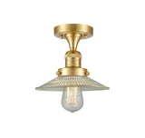 517-1CH-SG-G2 1-Light 8.5" Satin Gold Semi-Flush Mount - Clear Halophane Glass - LED Bulb - Dimmensions: 8.5 x 8.5 x 8 - Sloped Ceiling Compatible: No