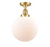 517-1CH-SG-G201-10 1-Light 10" Satin Gold Semi-Flush Mount - Matte White Cased Beacon Glass - LED Bulb - Dimmensions: 10 x 10 x 13 - Sloped Ceiling Compatible: No