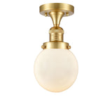 517-1CH-SG-G201-6 1-Light 6" Satin Gold Semi-Flush Mount - Matte White Cased Beacon Glass - LED Bulb - Dimmensions: 6 x 6 x 11.25 - Sloped Ceiling Compatible: No