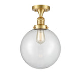 517-1CH-SG-G202-10 1-Light 10" Satin Gold Semi-Flush Mount - Clear Beacon Glass - LED Bulb - Dimmensions: 10 x 10 x 13 - Sloped Ceiling Compatible: No