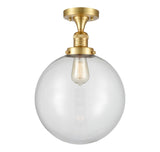 517-1CH-SG-G202-12 1-Light 12" Satin Gold Semi-Flush Mount - Clear Beacon Glass - LED Bulb - Dimmensions: 12 x 12 x 15 - Sloped Ceiling Compatible: No