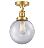 517-1CH-SG-G202-8 1-Light 8" Satin Gold Semi-Flush Mount - Clear Beacon Glass - LED Bulb - Dimmensions: 8 x 8 x 13.25 - Sloped Ceiling Compatible: No