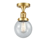 517-1CH-SG-G204-6 1-Light 6" Satin Gold Semi-Flush Mount - Seedy Beacon Glass - LED Bulb - Dimmensions: 6 x 6 x 11.25 - Sloped Ceiling Compatible: No