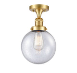 517-1CH-SG-G204-8 1-Light 8" Satin Gold Semi-Flush Mount - Seedy Beacon Glass - LED Bulb - Dimmensions: 8 x 8 x 13.25 - Sloped Ceiling Compatible: No