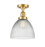 517-1CH-SG-G222 1-Light 9.5" Satin Gold Semi-Flush Mount - Clear Halophane Seneca Falls Glass - LED Bulb - Dimmensions: 9.5 x 9.5 x 13 - Sloped Ceiling Compatible: No