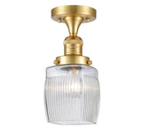 1-Light 5.5" Antique Brass Semi-Flush Mount - Thick Clear Halophane Colton Glass LED