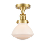 517-1CH-SG-G321 1-Light 6.75" Satin Gold Semi-Flush Mount - Matte White Olean Glass - LED Bulb - Dimmensions: 6.75 x 6.75 x 9.25 - Sloped Ceiling Compatible: No