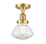 517-1CH-SG-G322 1-Light 6.75" Satin Gold Semi-Flush Mount - Clear Olean Glass - LED Bulb - Dimmensions: 6.75 x 6.75 x 9.25 - Sloped Ceiling Compatible: No