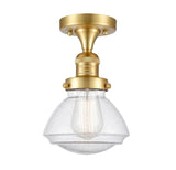 517-1CH-SG-G324 1-Light 6.75" Satin Gold Semi-Flush Mount - Seedy Olean Glass - LED Bulb - Dimmensions: 6.75 x 6.75 x 9.25 - Sloped Ceiling Compatible: No