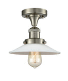 517-1CH-SN-G1 1-Light 8.5" Brushed Satin Nickel Semi-Flush Mount - White Halophane Glass - LED Bulb - Dimmensions: 8.5 x 8.5 x 8 - Sloped Ceiling Compatible: No