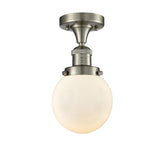 517-1CH-SN-G201-6 1-Light 6" Brushed Satin Nickel Semi-Flush Mount - Matte White Cased Beacon Glass - LED Bulb - Dimmensions: 6 x 6 x 11.25 - Sloped Ceiling Compatible: No