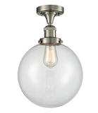 517-1CH-SN-G202-10 1-Light 10" Brushed Satin Nickel Semi-Flush Mount - Clear Beacon Glass - LED Bulb - Dimmensions: 10 x 10 x 13 - Sloped Ceiling Compatible: No