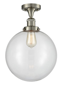 517-1CH-SN-G202-12 1-Light 12" Brushed Satin Nickel Semi-Flush Mount - Clear Beacon Glass - LED Bulb - Dimmensions: 12 x 12 x 15 - Sloped Ceiling Compatible: No