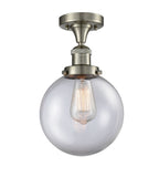 517-1CH-SN-G202-8 1-Light 8" Brushed Satin Nickel Semi-Flush Mount - Clear Beacon Glass - LED Bulb - Dimmensions: 8 x 8 x 13.25 - Sloped Ceiling Compatible: No