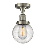 517-1CH-SN-G204-6 1-Light 6" Brushed Satin Nickel Semi-Flush Mount - Seedy Beacon Glass - LED Bulb - Dimmensions: 6 x 6 x 11.25 - Sloped Ceiling Compatible: No