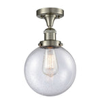 517-1CH-SN-G204-8 1-Light 8" Brushed Satin Nickel Semi-Flush Mount - Seedy Beacon Glass - LED Bulb - Dimmensions: 8 x 8 x 13.25 - Sloped Ceiling Compatible: No