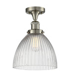 517-1CH-SN-G222 1-Light 9.5" Brushed Satin Nickel Semi-Flush Mount - Clear Halophane Seneca Falls Glass - LED Bulb - Dimmensions: 9.5 x 9.5 x 13 - Sloped Ceiling Compatible: No