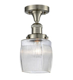 517-1CH-SN-G302 1-Light 5.5" Brushed Satin Nickel Semi-Flush Mount - Thick Clear Halophane Colton Glass - LED Bulb - Dimmensions: 5.5 x 5.5 x 10 - Sloped Ceiling Compatible: No