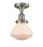 517-1CH-SN-G321 1-Light 6.75" Brushed Satin Nickel Semi-Flush Mount - Matte White Olean Glass - LED Bulb - Dimmensions: 6.75 x 6.75 x 9.25 - Sloped Ceiling Compatible: No