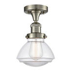 517-1CH-SN-G322 1-Light 6.75" Brushed Satin Nickel Semi-Flush Mount - Clear Olean Glass - LED Bulb - Dimmensions: 6.75 x 6.75 x 9.25 - Sloped Ceiling Compatible: No