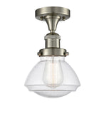 517-1CH-SN-G324 1-Light 6.75" Brushed Satin Nickel Semi-Flush Mount - Seedy Olean Glass - LED Bulb - Dimmensions: 6.75 x 6.75 x 9.25 - Sloped Ceiling Compatible: No