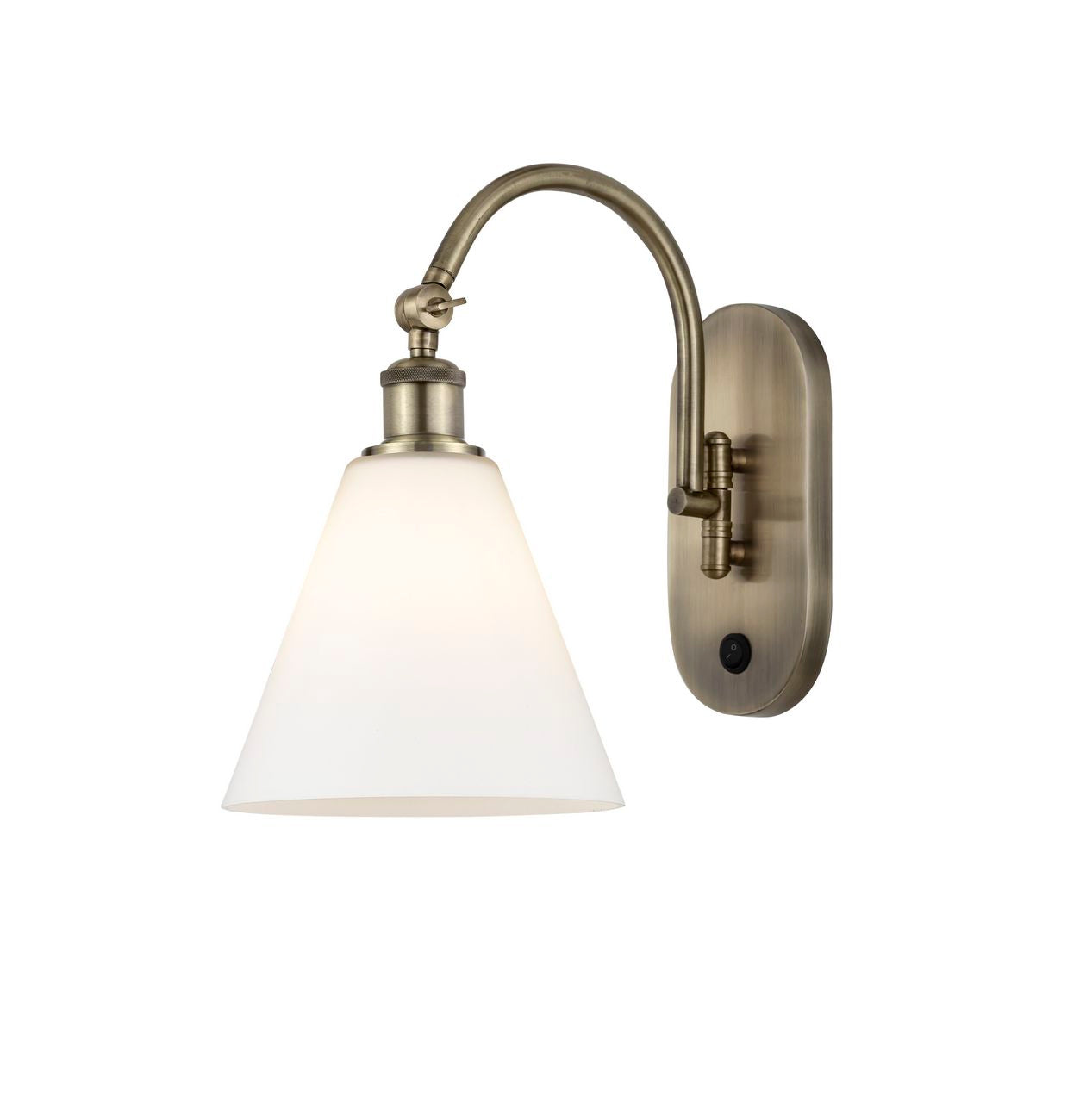 518-1W-AB-GBC-81 1-Light 8" Antique Brass Sconce - Matte White Cased Ballston Cone Glass - LED Bulb - Dimmensions: 8 x 14 x 13.75 - Glass Up or Down: Yes