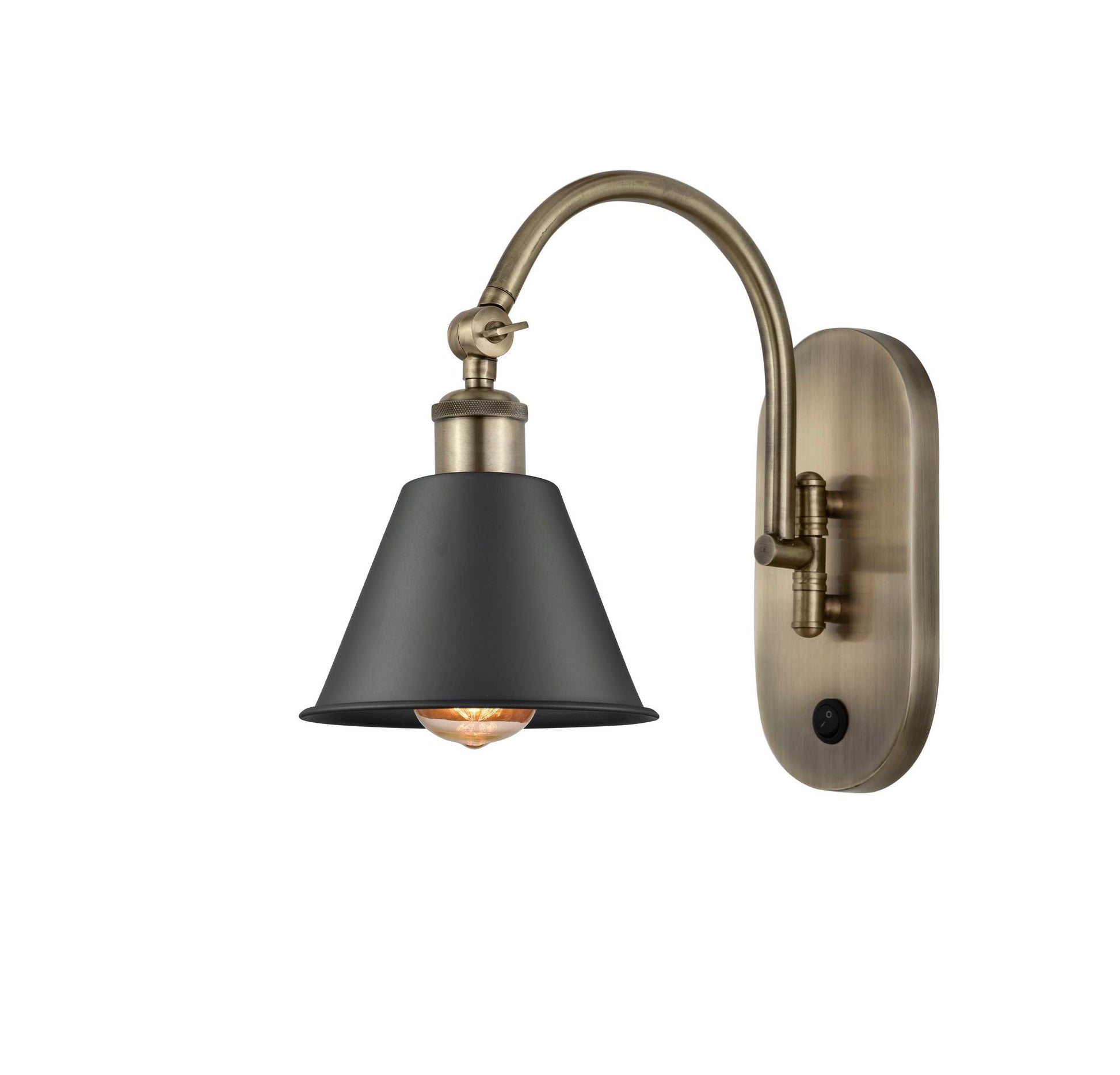 518-1W-AB-M8-BK 1-Light 7" Antique Brass Sconce - Matte Black Smithfield Shade - LED Bulb - Dimmensions: 7 x 13.25 x 11.25 - Glass Up or Down: Yes
