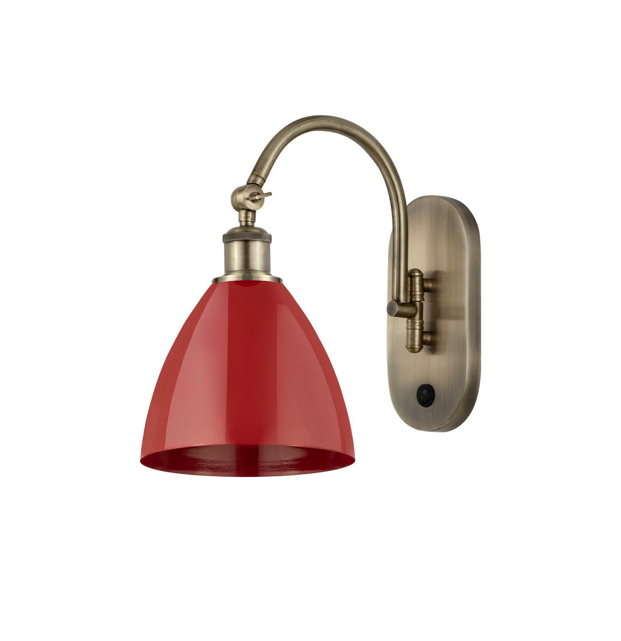 518-1W-AB-MBD-75-RD 1-Light 7.5" Antique Brass Sconce - Red Plymouth Dome Shade - LED Bulb - Dimmensions: 7.5 x 13.75 x 13.25 - Glass Up or Down: Yes