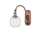 518-1W-AC-G1013 1-Light 6" Antique Copper Sconce - Deco Swirl Belfast Glass - LED Bulb - Dimmensions: 6 x 13 x 12.75 - Glass Up or Down: Yes