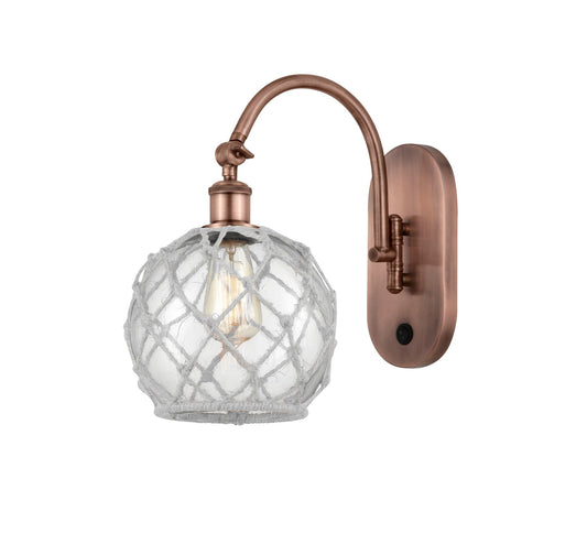 1-Light 8" Antique Copper Sconce - Clear Farmhouse Glass with White Rope Glass LED - w/Switch