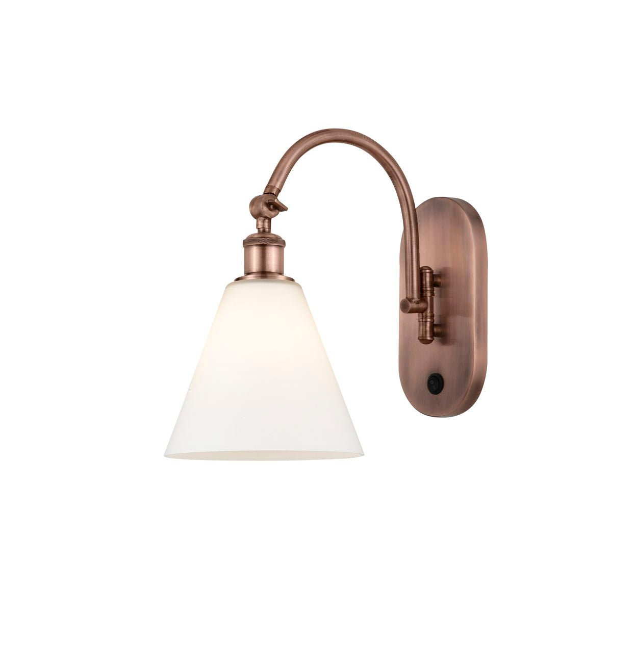 518-1W-AC-GBC-81 1-Light 8" Antique Copper Sconce - Matte White Cased Ballston Cone Glass - LED Bulb - Dimmensions: 8 x 14 x 13.75 - Glass Up or Down: Yes