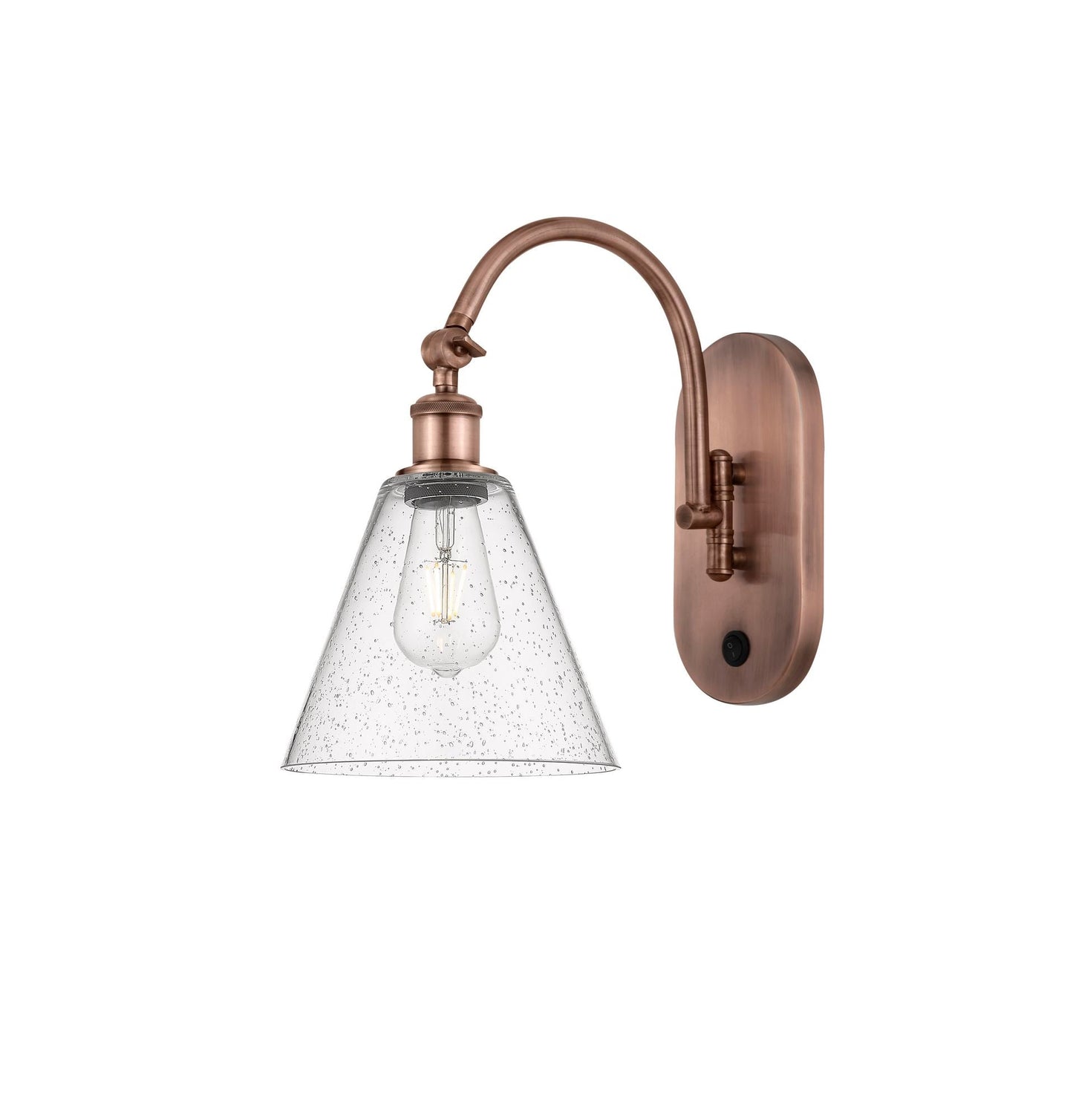 1-Light 8" Antique Brass Sconce - Seedy Ballston Cone Glass LED - w/Switch