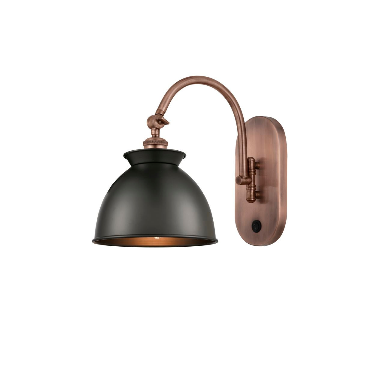518-1W-AC-M14-BK 1-Light 8.125" Antique Copper Sconce - Matte Black Adirondack Shade - LED Bulb - Dimmensions: 8.125 x 14.125 x 12.25 - Glass Up or Down: Yes
