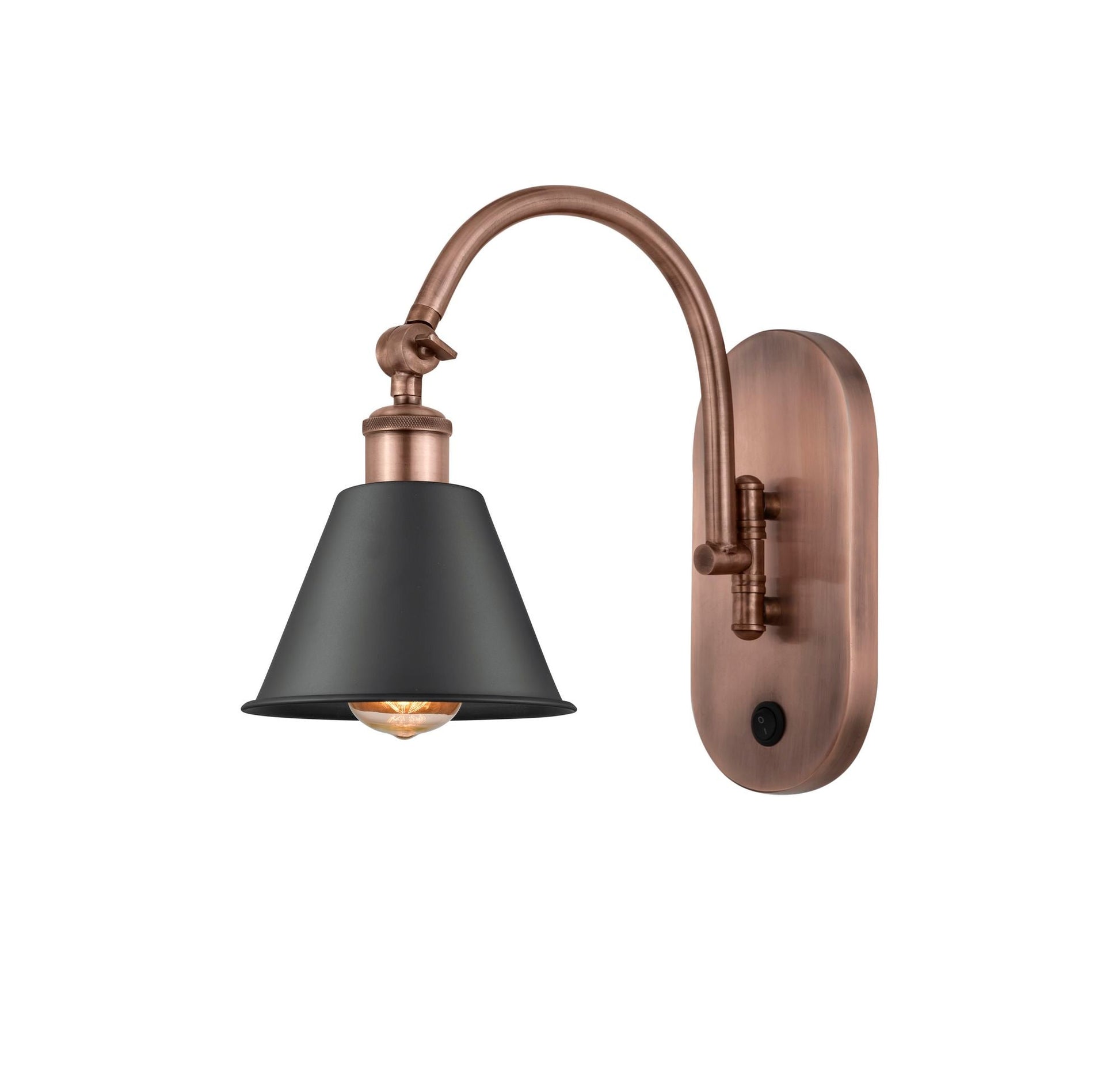 518-1W-AC-M8-BK 1-Light 7" Antique Copper Sconce - Matte Black Smithfield Shade - LED Bulb - Dimmensions: 7 x 13.25 x 11.25 - Glass Up or Down: Yes