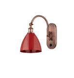 518-1W-AC-MBD-75-RD 1-Light 7.5" Antique Copper Sconce - Red Plymouth Dome Shade - LED Bulb - Dimmensions: 7.5 x 13.75 x 13.25 - Glass Up or Down: Yes