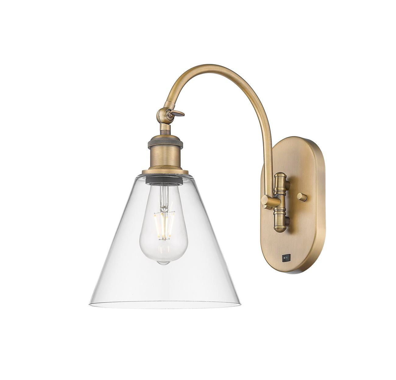 518-1W-BB-GBC-82 1-Light 8" Brushed Brass Sconce - Clear Ballston Cone Glass - LED Bulb - Dimmensions: 8 x 14 x 13.75 - Glass Up or Down: Yes