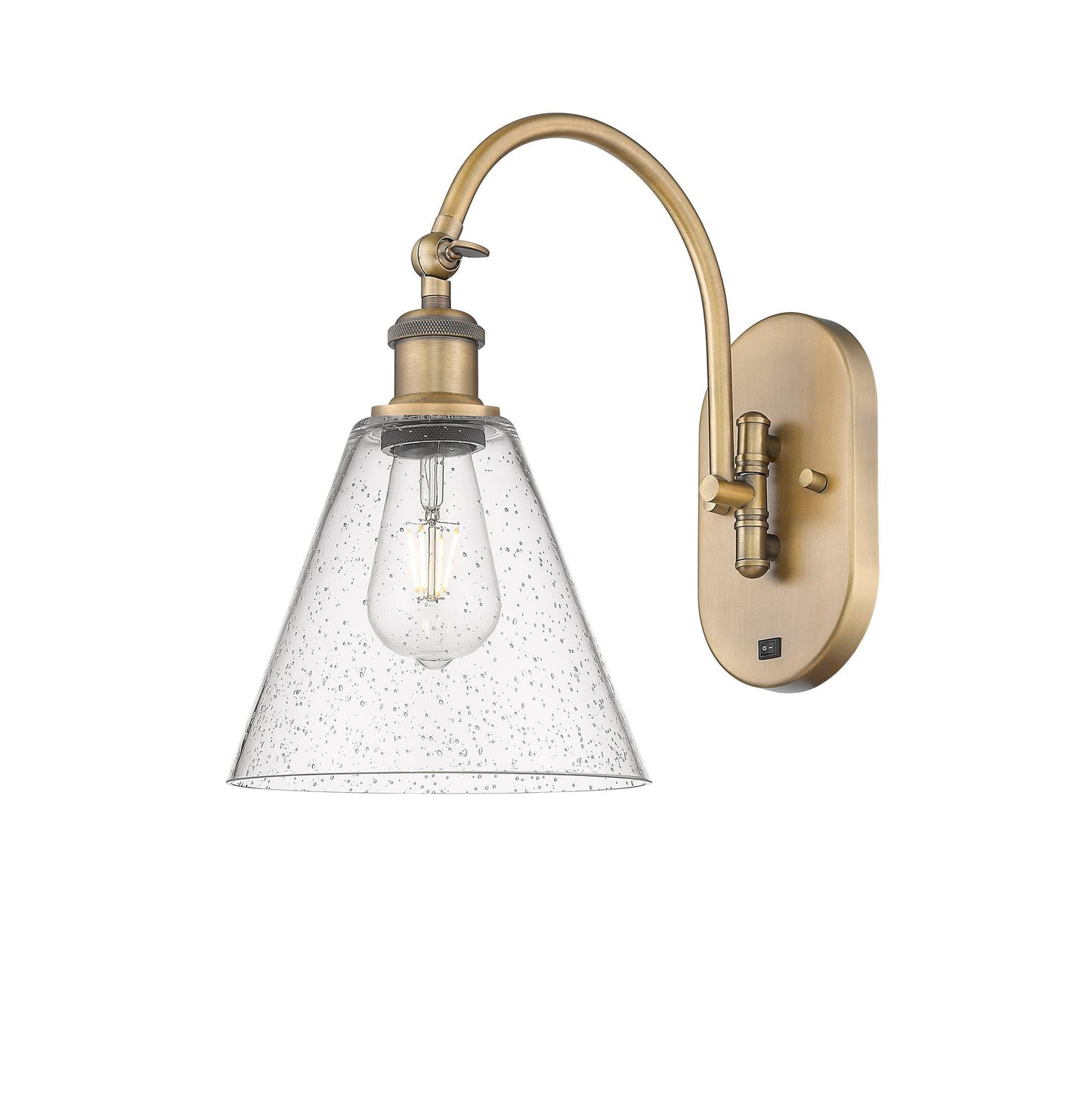 1-Light 8" Antique Brass Sconce - Seedy Ballston Cone Glass LED - w/Switch