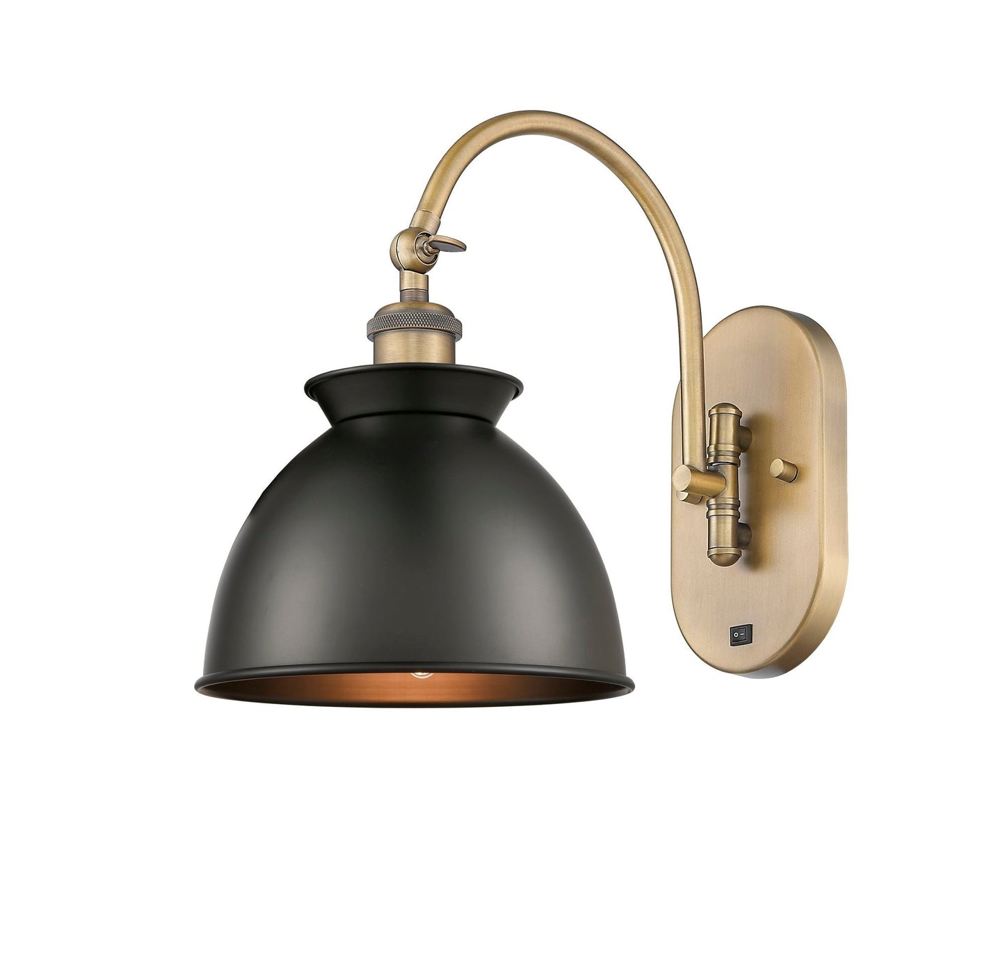 518-1W-BB-M14-BK 1-Light 8.125" Brushed Brass Sconce - Matte Black Adirondack Shade - LED Bulb - Dimmensions: 8.125 x 14.125 x 12.25 - Glass Up or Down: Yes