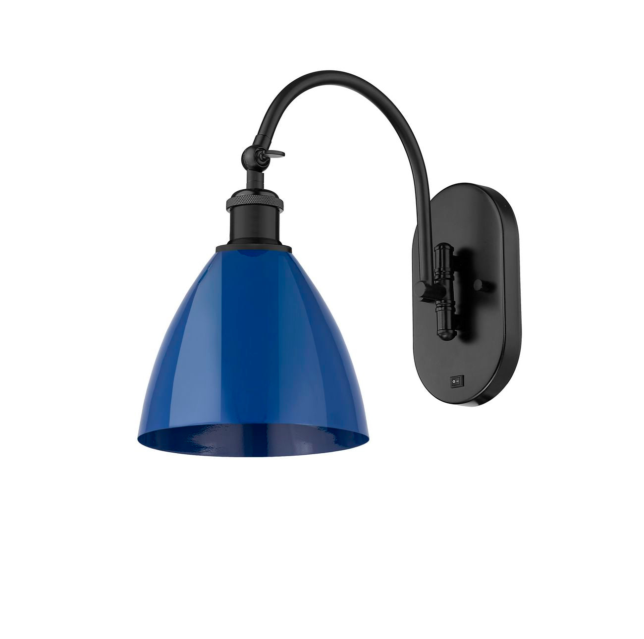 518-1W-BK-MBD-75-BL 1-Light 7.5" Matte Black Sconce - Blue Plymouth Dome Shade - LED Bulb - Dimmensions: 7.5 x 13.75 x 13.25 - Glass Up or Down: Yes