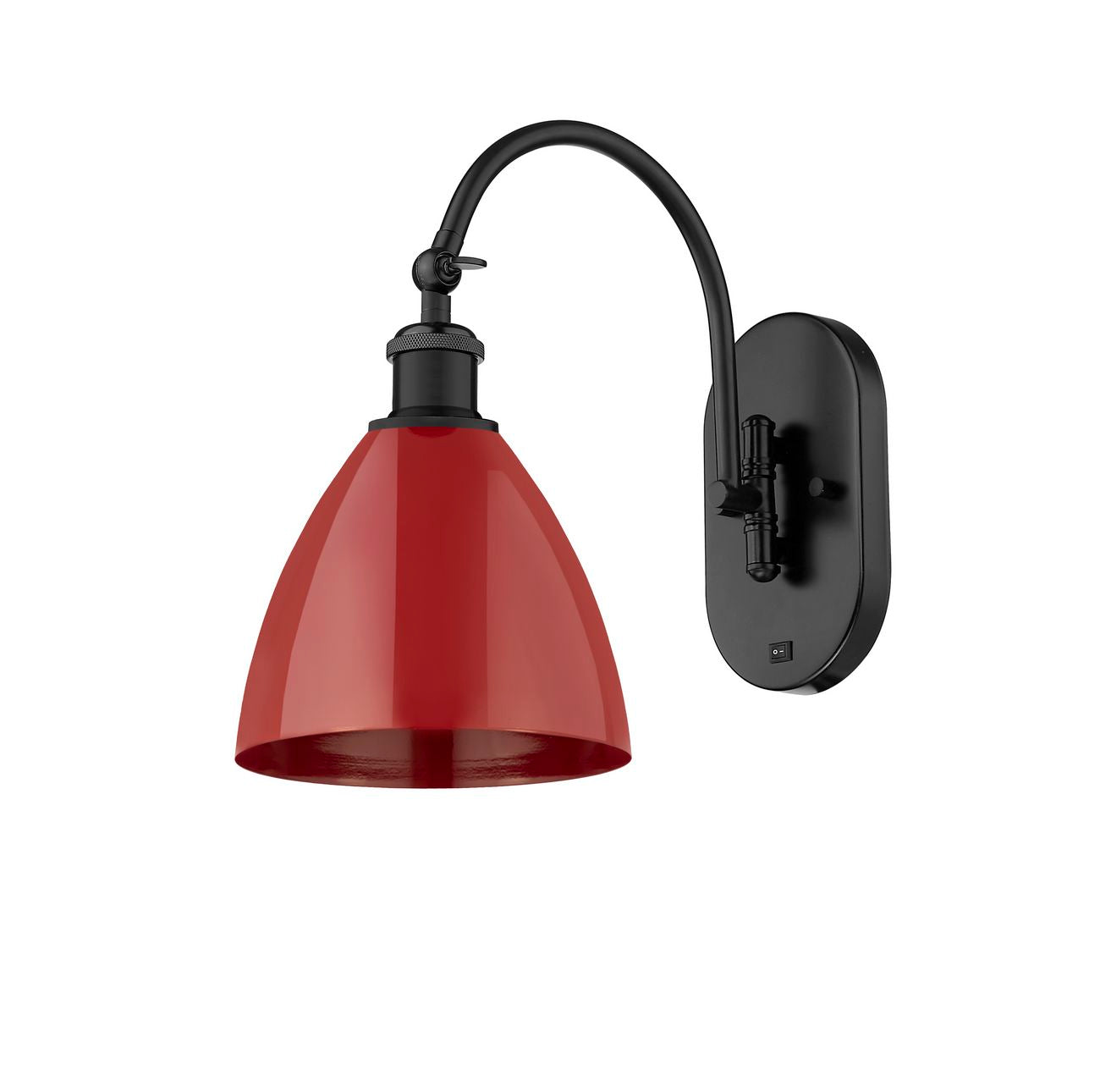 518-1W-BK-MBD-75-RD 1-Light 7.5" Matte Black Sconce - Red Plymouth Dome Shade - LED Bulb - Dimmensions: 7.5 x 13.75 x 13.25 - Glass Up or Down: Yes
