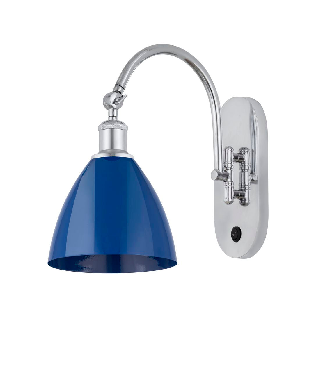 518-1W-PC-MBD-75-BL 1-Light 7.5" Polished Chrome Sconce - Blue Plymouth Dome Shade - LED Bulb - Dimmensions: 7.5 x 13.75 x 13.25 - Glass Up or Down: Yes