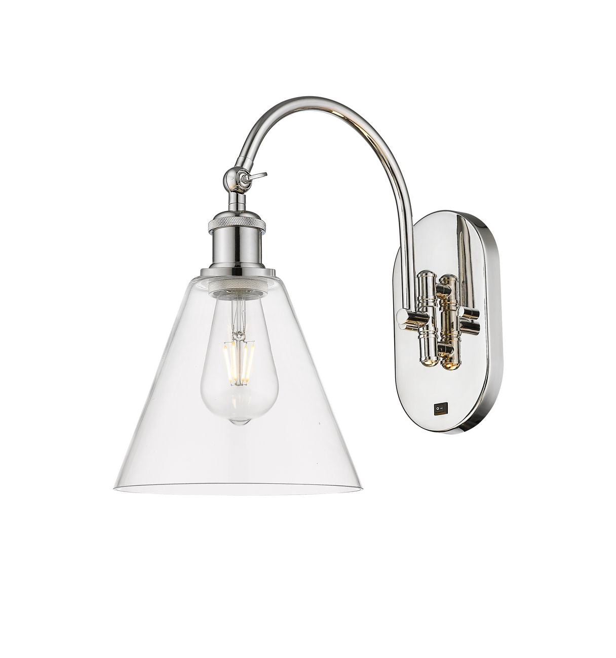518-1W-PN-GBC-82 1-Light 8" Polished Nickel Sconce - Clear Ballston Cone Glass - LED Bulb - Dimmensions: 8 x 14 x 13.75 - Glass Up or Down: Yes