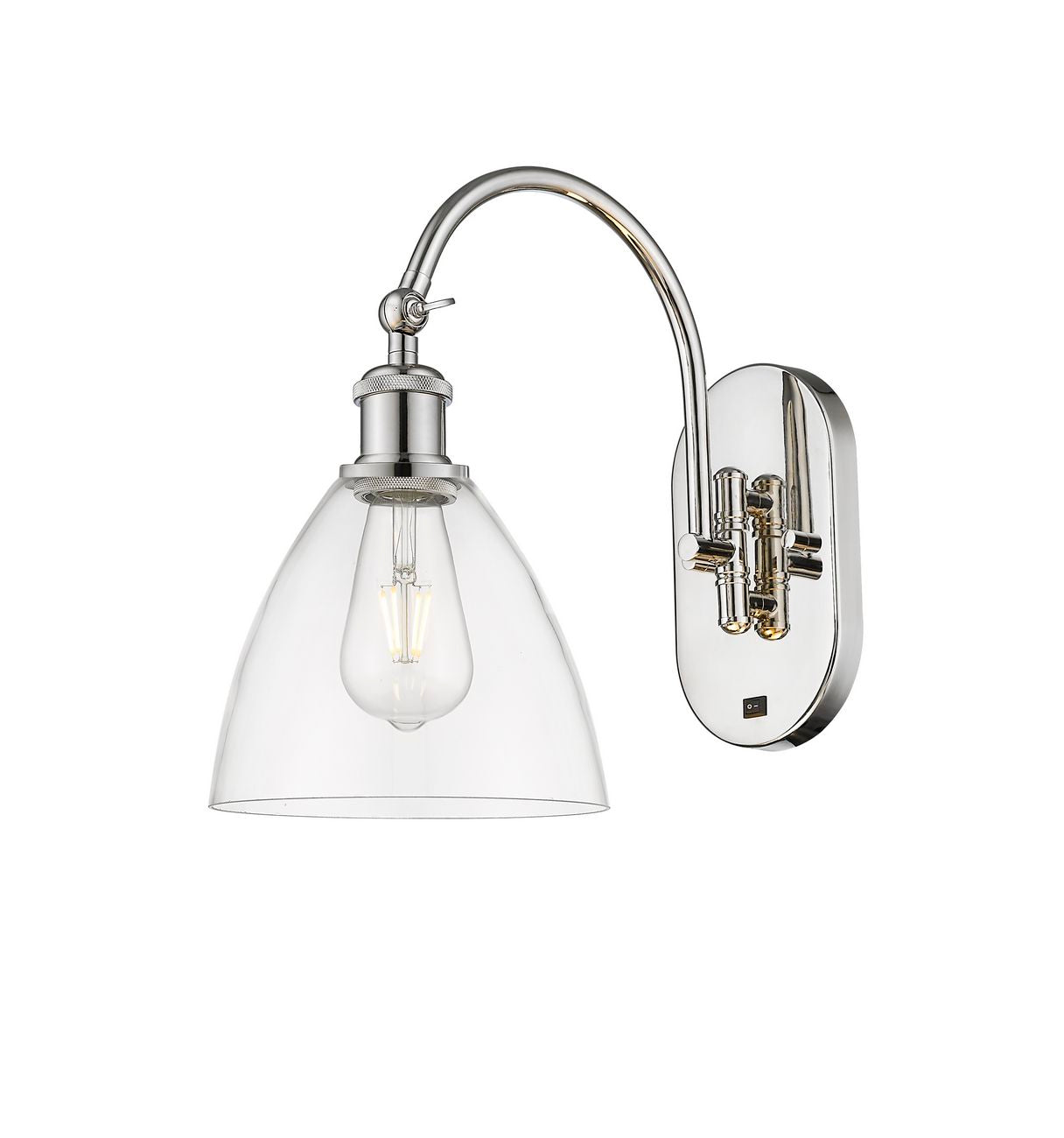 518-1W-PN-GBD-752 1-Light 8" Polished Nickel Sconce - Clear Ballston Dome Glass - LED Bulb - Dimmensions: 8 x 13.75 x 13.25 - Glass Up or Down: Yes