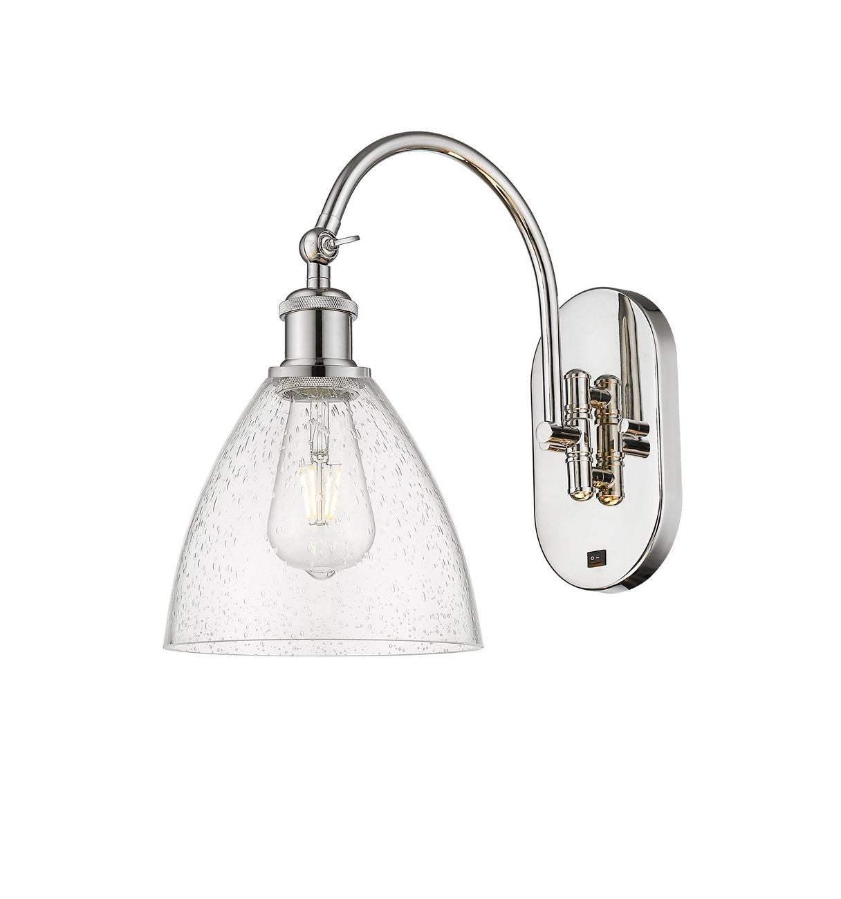 518-1W-PN-GBD-754 1-Light 8" Polished Nickel Sconce - Seedy Ballston Dome Glass - LED Bulb - Dimmensions: 8 x 13.75 x 13.25 - Glass Up or Down: Yes