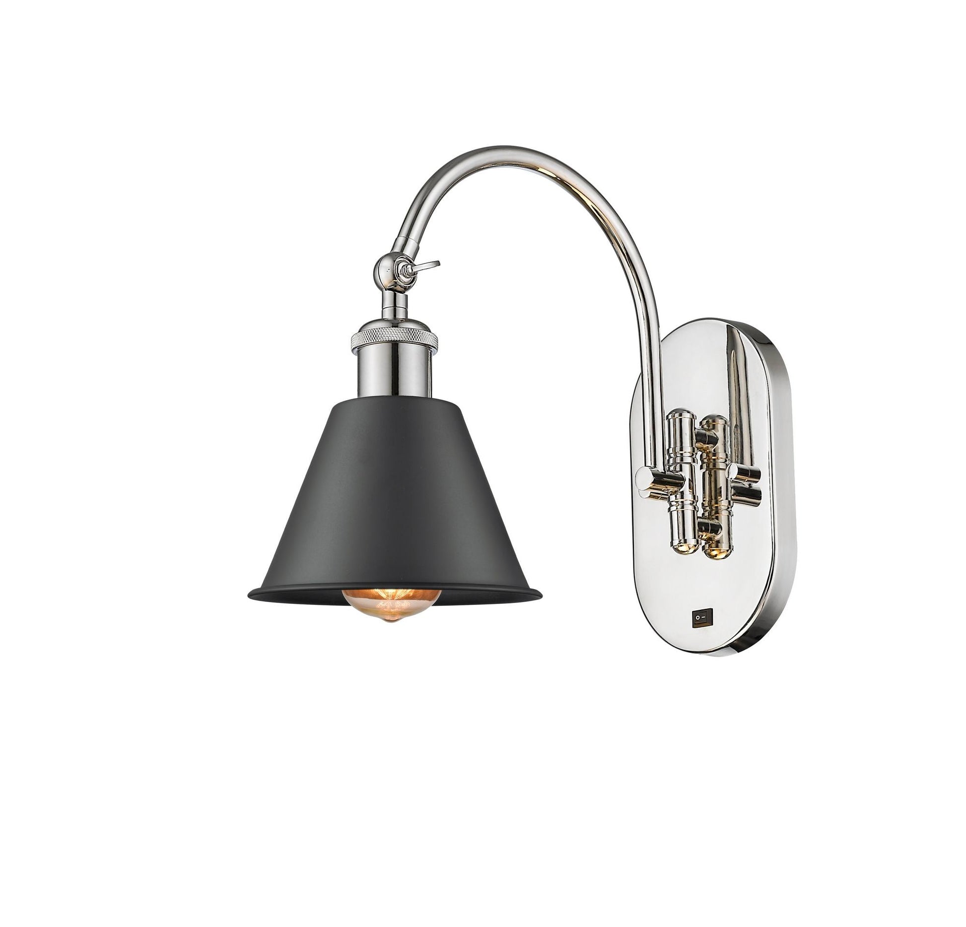 518-1W-PN-M8-BK 1-Light 7" Polished Nickel Sconce - Matte Black Smithfield Shade - LED Bulb - Dimmensions: 7 x 13.25 x 11.25 - Glass Up or Down: Yes