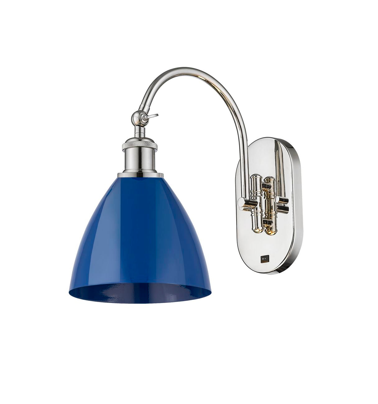 518-1W-PN-MBD-75-BL 1-Light 7.5" Polished Nickel Sconce - Blue Plymouth Dome Shade - LED Bulb - Dimmensions: 7.5 x 13.75 x 13.25 - Glass Up or Down: Yes